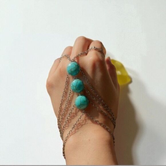 Bansri Turquoise Beaded Hand Chain Bracelet Silver Tone Layered Chair Jewelry - Picture 1 of 2